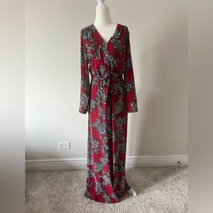 Floral red/black, long sleeve, button down dress.